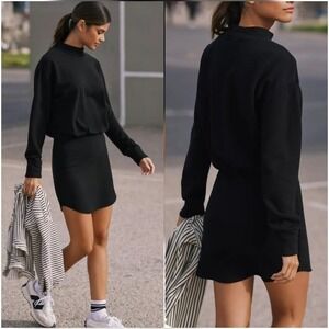 Anthropologie NEW T.La Black Mock Neck Sweatshirt Blouson Mini Dress SZ Large